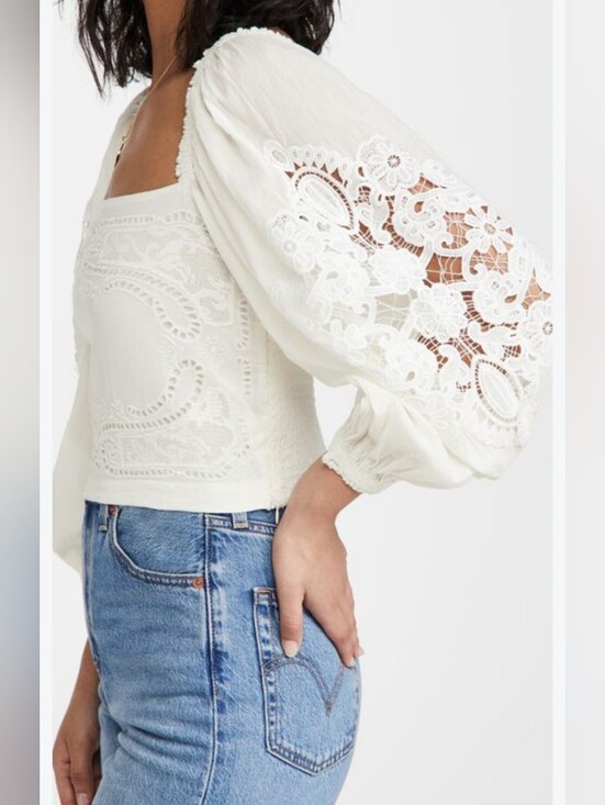 FARM Rio Tops - FARM Rio Ivory Lace-Insert Square Neck Puff Sleeve Top